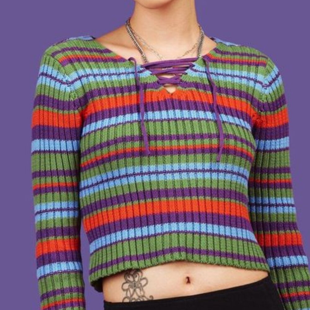 UNIF Sim striped lace up cropped sweater size XS - Picture 2 of 7